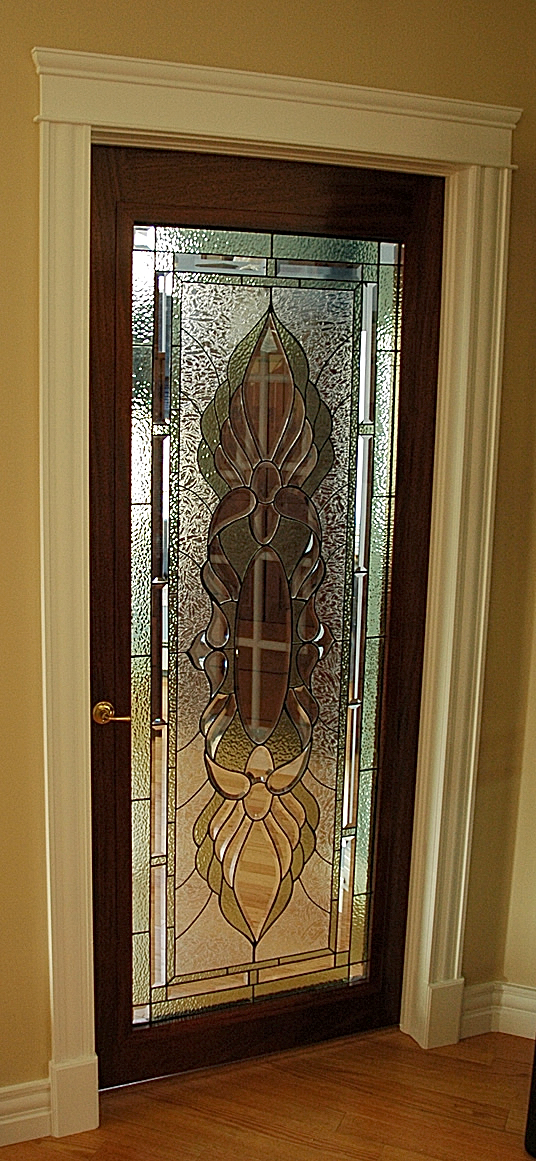 A solid mahogany interior stained glass door we built and installed.